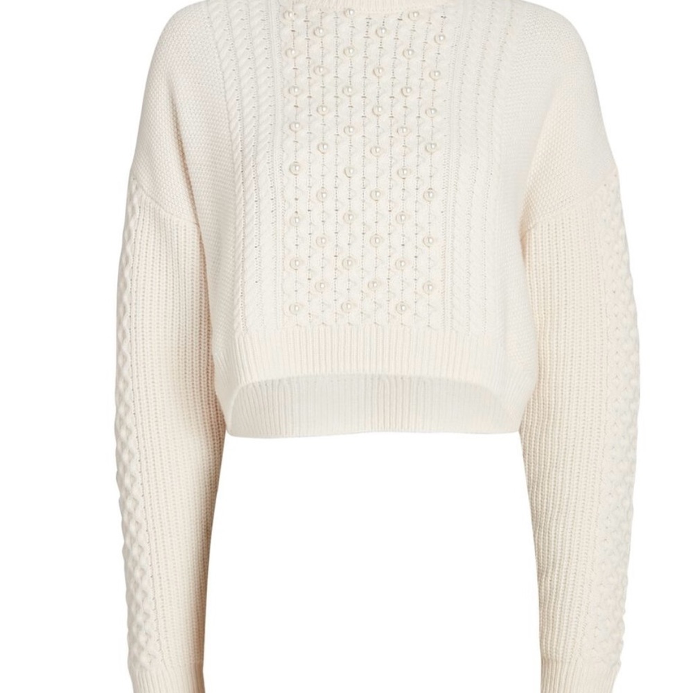 INTERMIX Sage Pearl-Trimmed Cable Knit Sweater